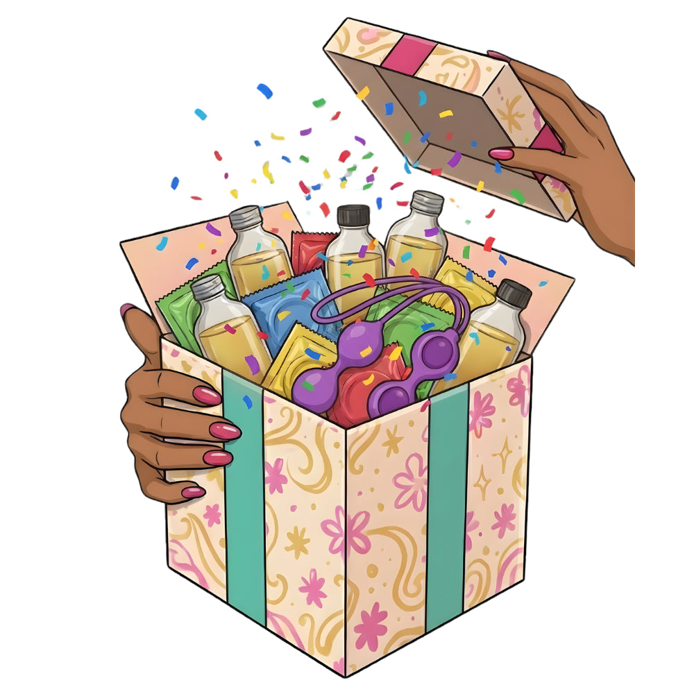 An open gift box filled with colorful sexual wellness products, confetti bursting out as hands lift the lid.
