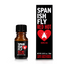 A small, dark brown dropper bottle of Spanish Fly Red Hot stands next to its black and red retail box. Both the bottle label and the box feature a red heart with a white fly graphic inside. The packaging identifies the product as a "FOOD SUPPLEMENT WITH SWEETENERS" and specifies the contents as 0.34 fl. oz./10 mL.
