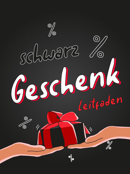 Cover of a book or guide titled 'Geschenk Leitfaden' with hands holding a gift box on a black background.