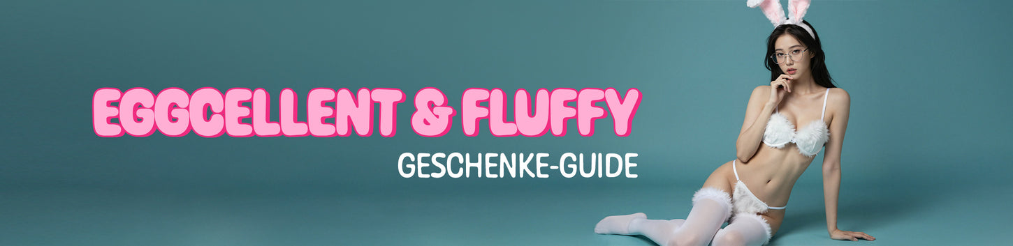Woman in bunny ears and lingerie with text 'EGGCELLENT & FLUFFY GESCHENKE-GUIDE' on a teal background