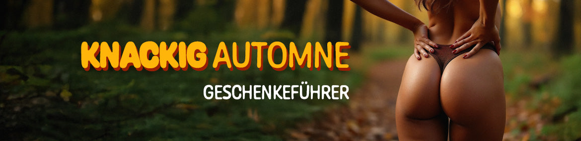 Promotional banner with text 'Knackig Automne Geschenkeführer' in a forest setting.