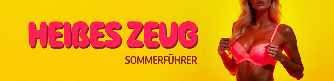 A bright yellow banner featuring a woman in a vibrant neon pink bra on the right side. On the left, bold pink text reads 'HOT STUFF' in a bubbly font, with the words 'SUMMER GUIDE' printed underneath in a smaller, darker font.