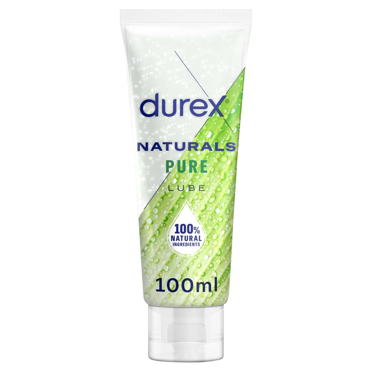 An image of a 100ml tube of Durex Naturals Pure Lube. The tube is white with a vibrant green leaf graphic covered in water droplets. The text highlights '100% Natural Ingredients' inside a water droplet icon. Hauptbild