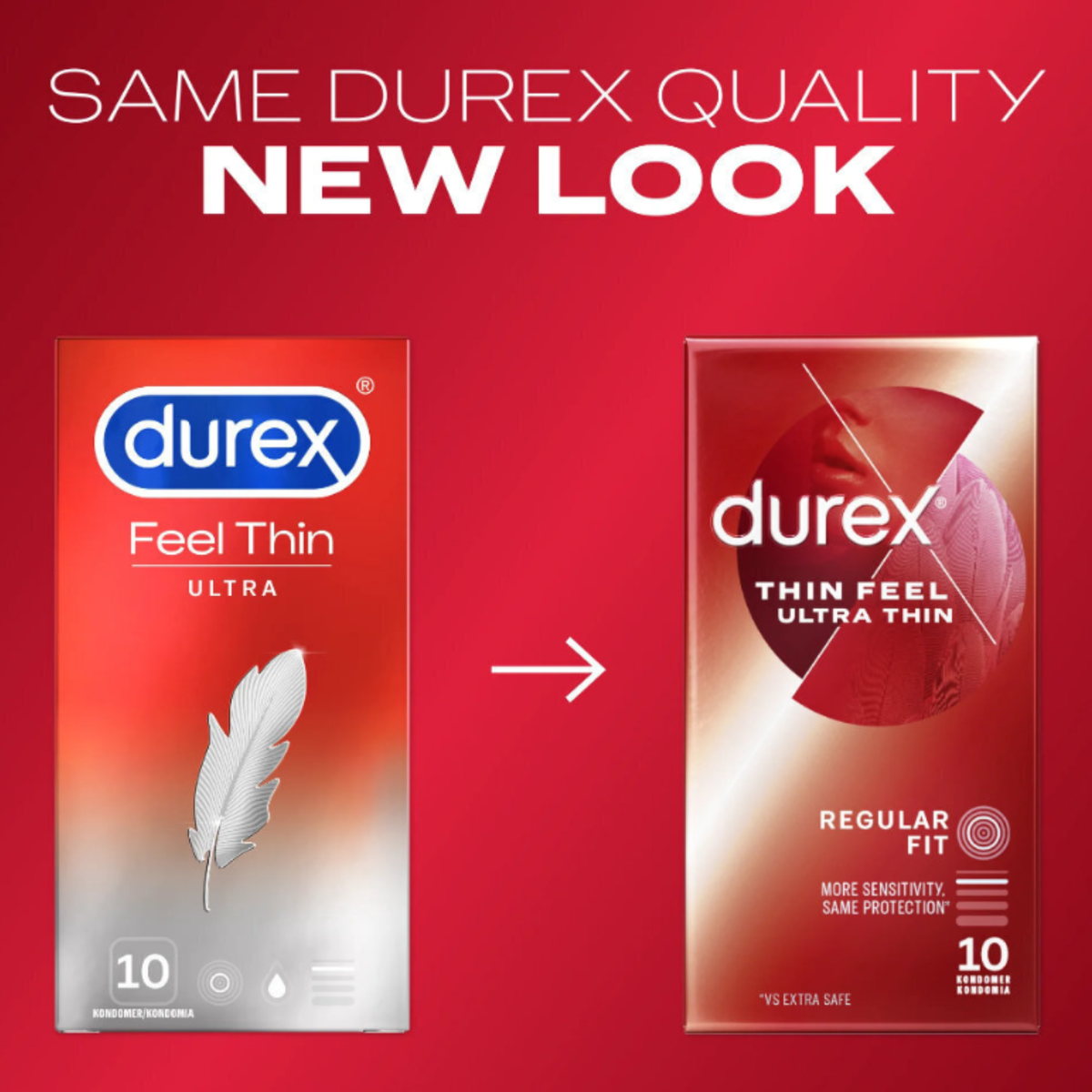 A "New Look" promotional graphic. It shows the old red packaging with a feather illustration on the left and the new metallic red packaging with a circular graphic on the right, connected by a white arrow. The heading reads "SAME DUREX QUALITY, NEW LOOK."
