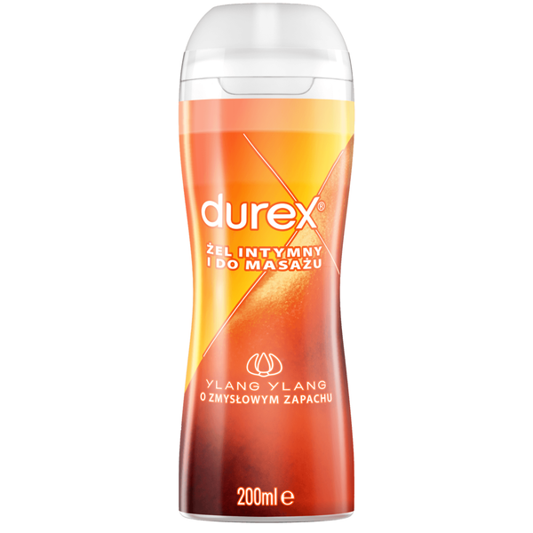 A front-facing image of a 200ml bottle of Durex Massage Lube. The bottle has an ergonomic, curved shape with a translucent orange and red label featuring an 'X' design. The text identifies the scent as 'Ylang Ylang' and describes it in Polish as a gel for both intimate use and massage.