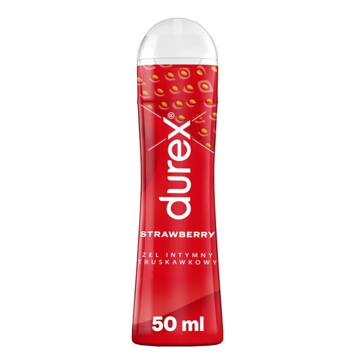 A product shot of a red 50ml bottle of Durex Strawberry lube. The bottle features the Durex logo, the word "STRAWBERRY". Hauptbild
