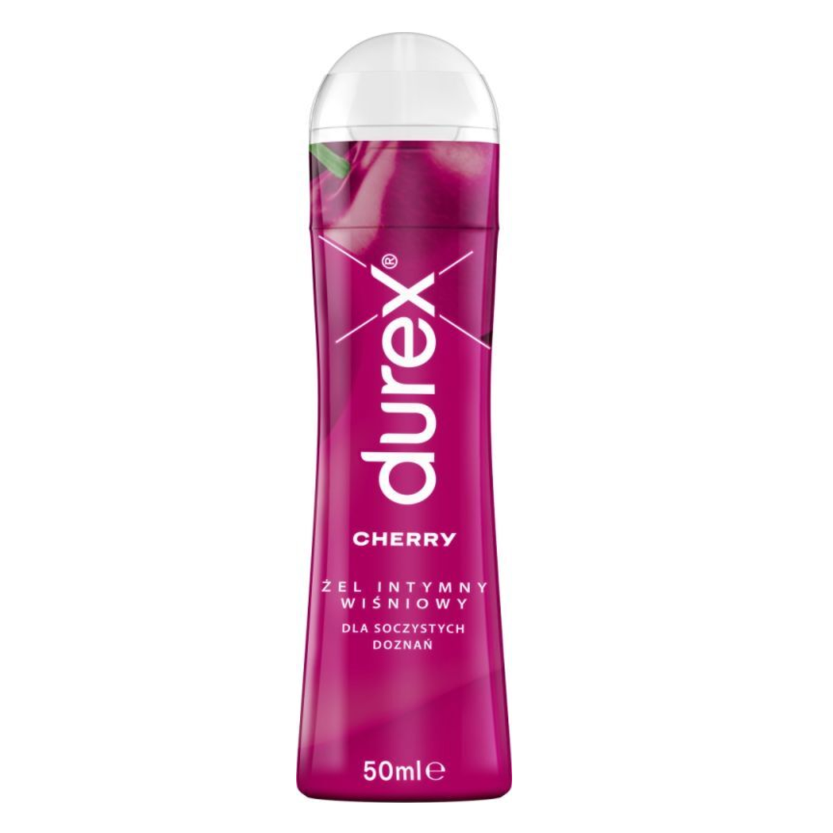 A product shot of a pink 50ml Durex Cherry Lube bottle on a white background, featuring the Durex logo and text in English and Polish. Hauptbild