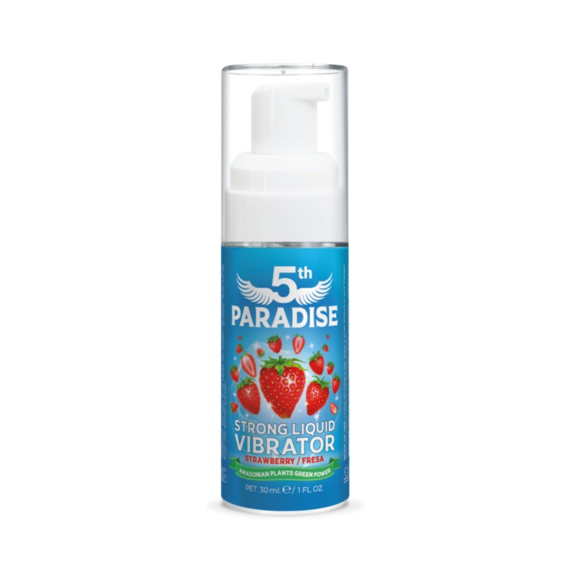 Front studio product shot displaying the 30 ml blue bottle of 5th Paradise Strong Liquid Vibrator Strawberry featuring graphics of fresh strawberries, a white pump dispenser, and a clear protective cap.