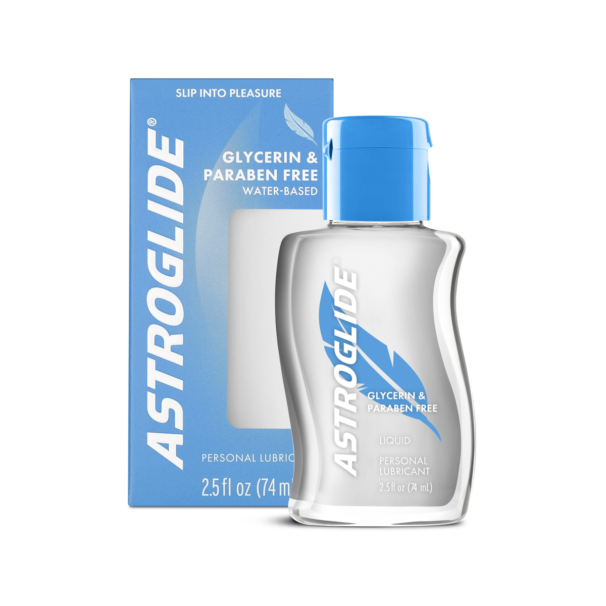 The Astroglide Glycerin & Paraben Free Water-Based Liquid bottle next to its light blue retail box, 2.5 fl oz (74 mL). Hauptbild