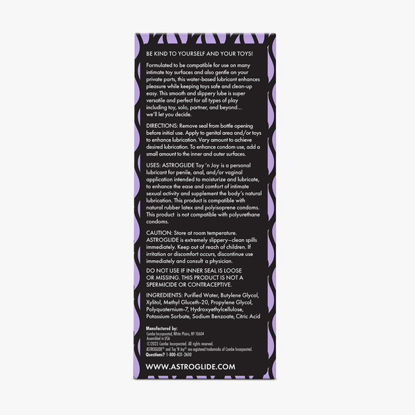 An image of  Astroglide Toy 'N Joy packaging's back, detailing uses, directions, caution, and ingredients.