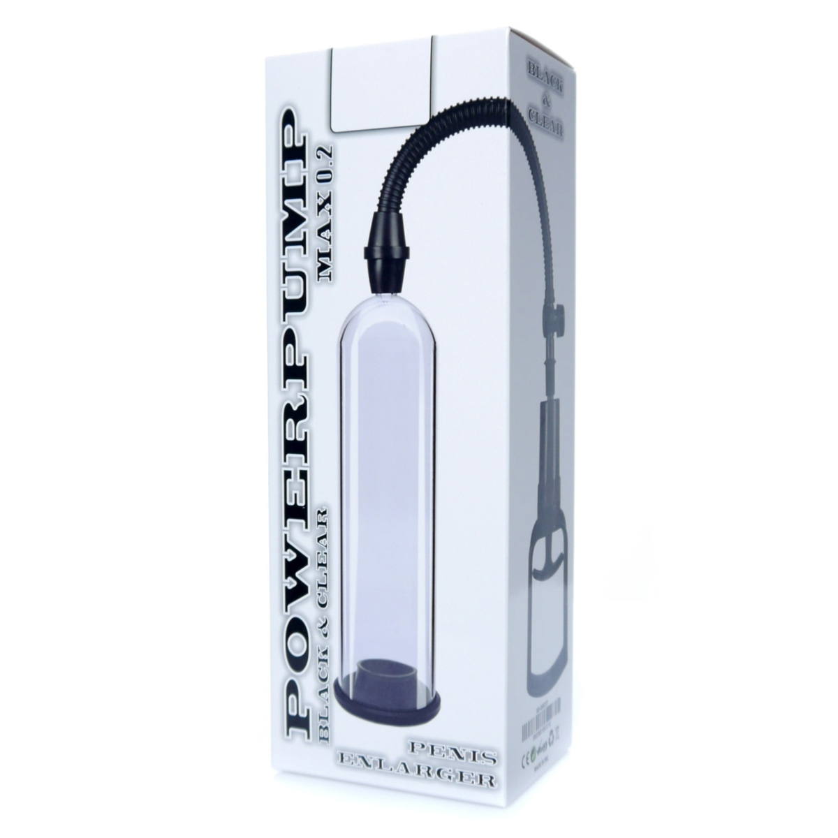 Front studio photo of the product packaging box featuring "POWERPUMP MAX 0.2 BLACK & CLEAR" branding and product imagery. Hauptbild