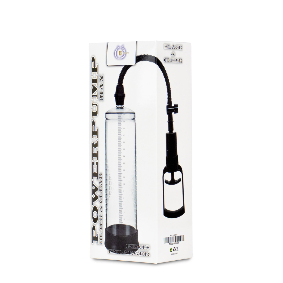 Front packaging shot displaying the white box with "POWERPUMP MAX BLACK & CLEAR PENIS ENLARGER" text and an image of the clear cylinder with black squeeze pump. Hauptbild