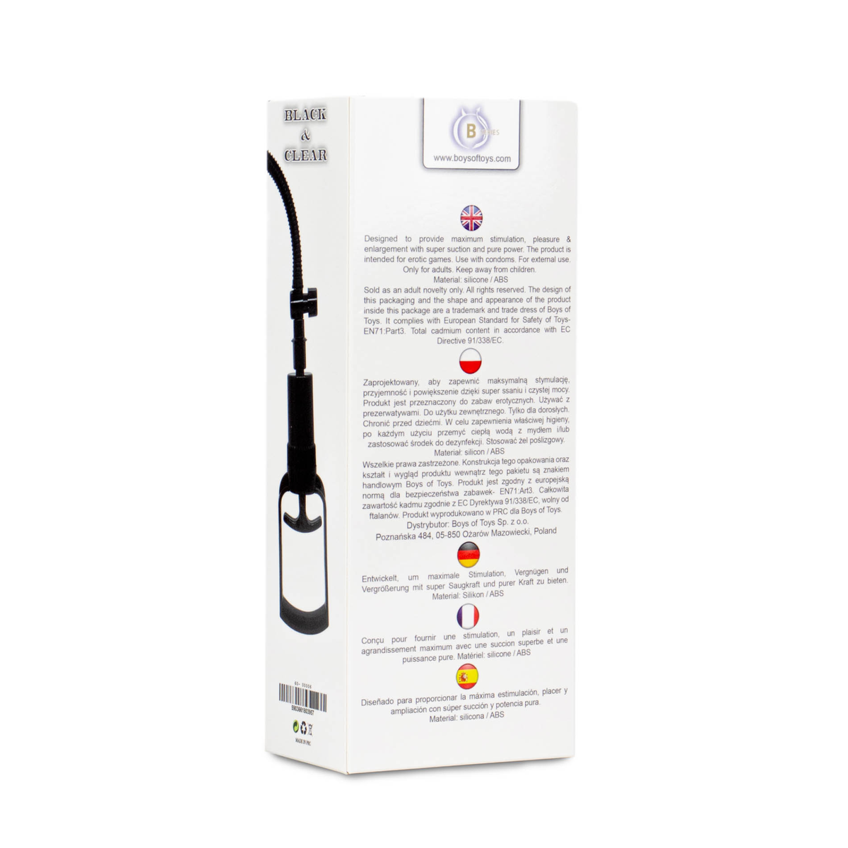 Back view of the product packaging box showing safety compliance info, manufacturer details, and multi-language descriptions (English, Polish, German, French, Spanish).