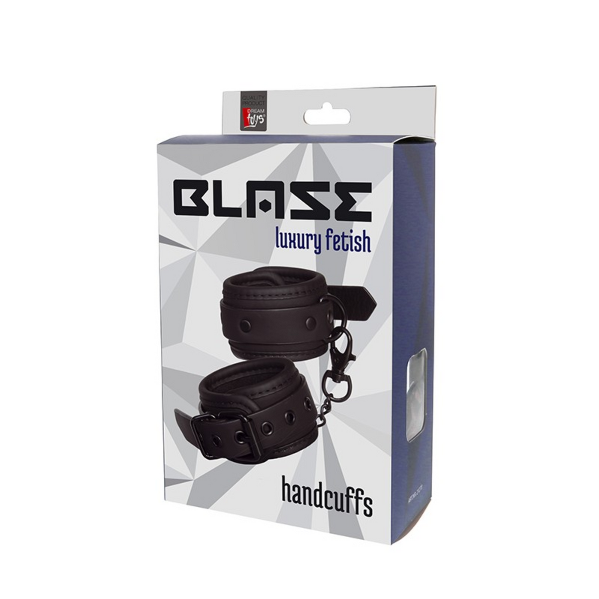 Black product packaging for Blaze Luxury Fetish Handcuffs, featuring an image of the cuffs. Hauptbild