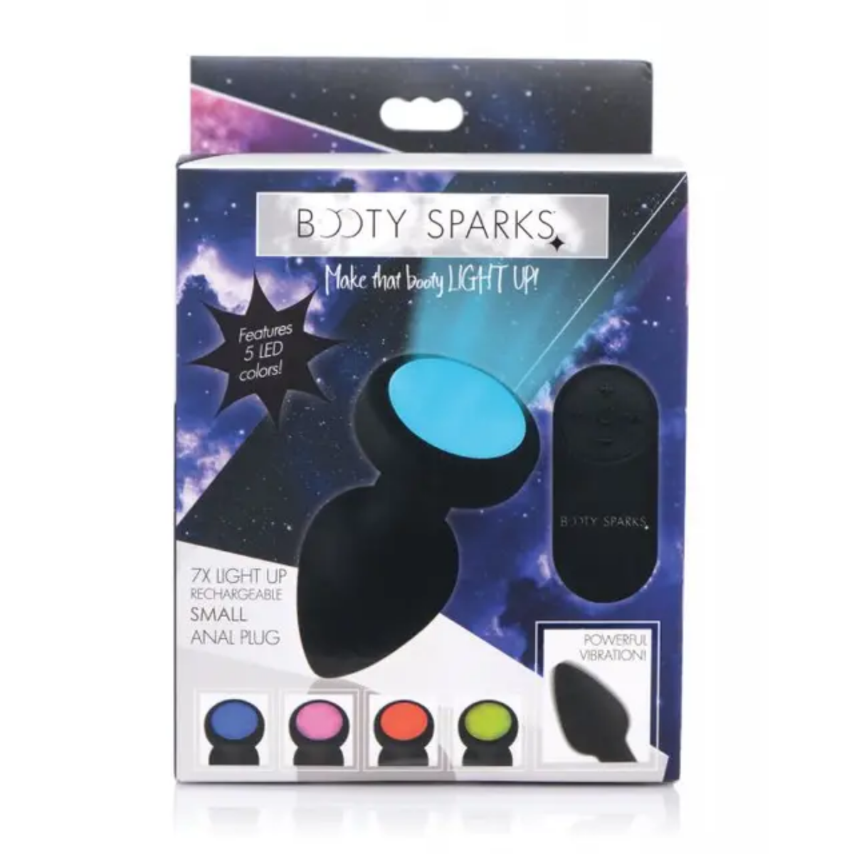 Retail box packaging view for the Booty Sparks 7x Light Up Rechargeable Small Anal Plug featuring galaxy-themed graphics, remote control callout, and 5 LED color option previews. Hauptbild