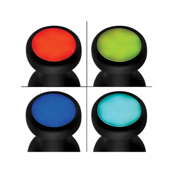 Four-panel grid graphic showcasing the illuminated base of the plug glowing in red, green, blue, and cyan LED colors.