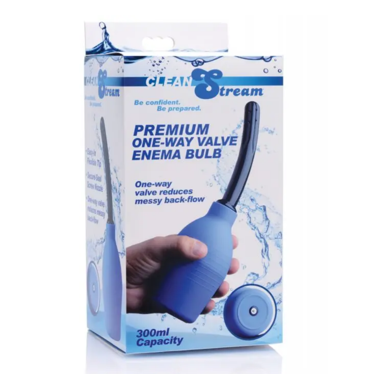 Front packaging shot showing the retail box for the CleanStream Premium One-Way Valve Enema Bulb highlighting its 300ml capacity and anti-backflow feature. Hauptbild