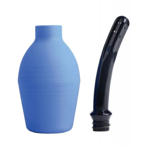 Isolated product view showing the blue silicone squeeze bulb detached from its screw-on black curved nozzle.
