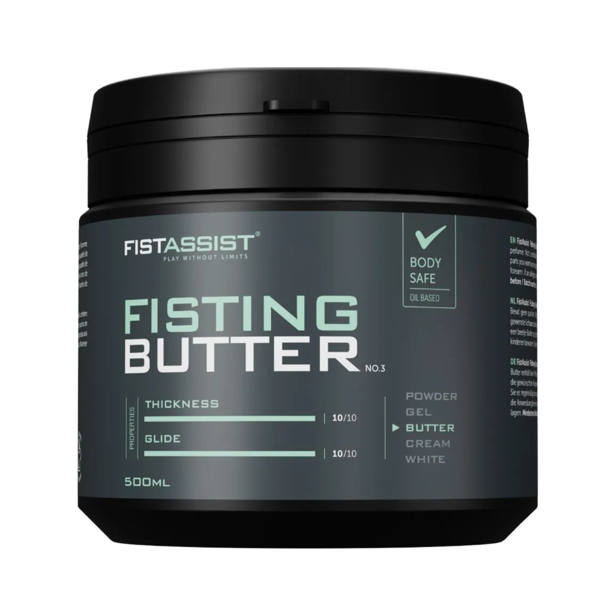 Front studio shot of the 500 ml FistAssist Fisting Butter No. 3 tub against a dark background, showcasing its oil-based label with maximum 10/10 ratings for both thickness and glide. Hauptbild