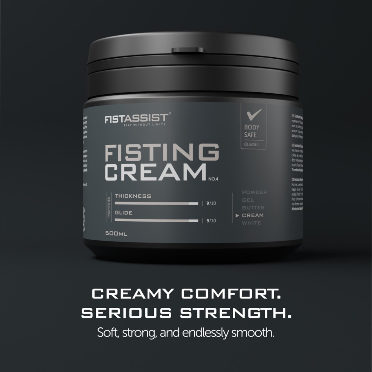 Promotional graphic showing the FistAssist Fisting Cream No. 4 tub set above white bold tagline text reading "CREAMY COMFORT. SERIOUS STRENGTH. Soft, strong, and endlessly smooth."