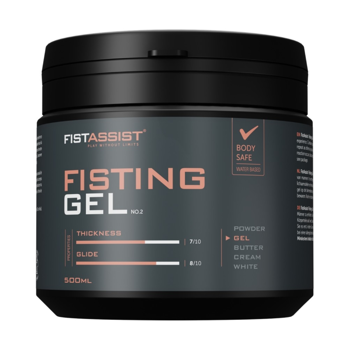 Front studio shot of the 500 ml FistAssist Fisting Gel No. 2 tub against a white background, featuring coral and white text detailing product ratings for thickness (7/10) and glide (8/10). Hauptbild