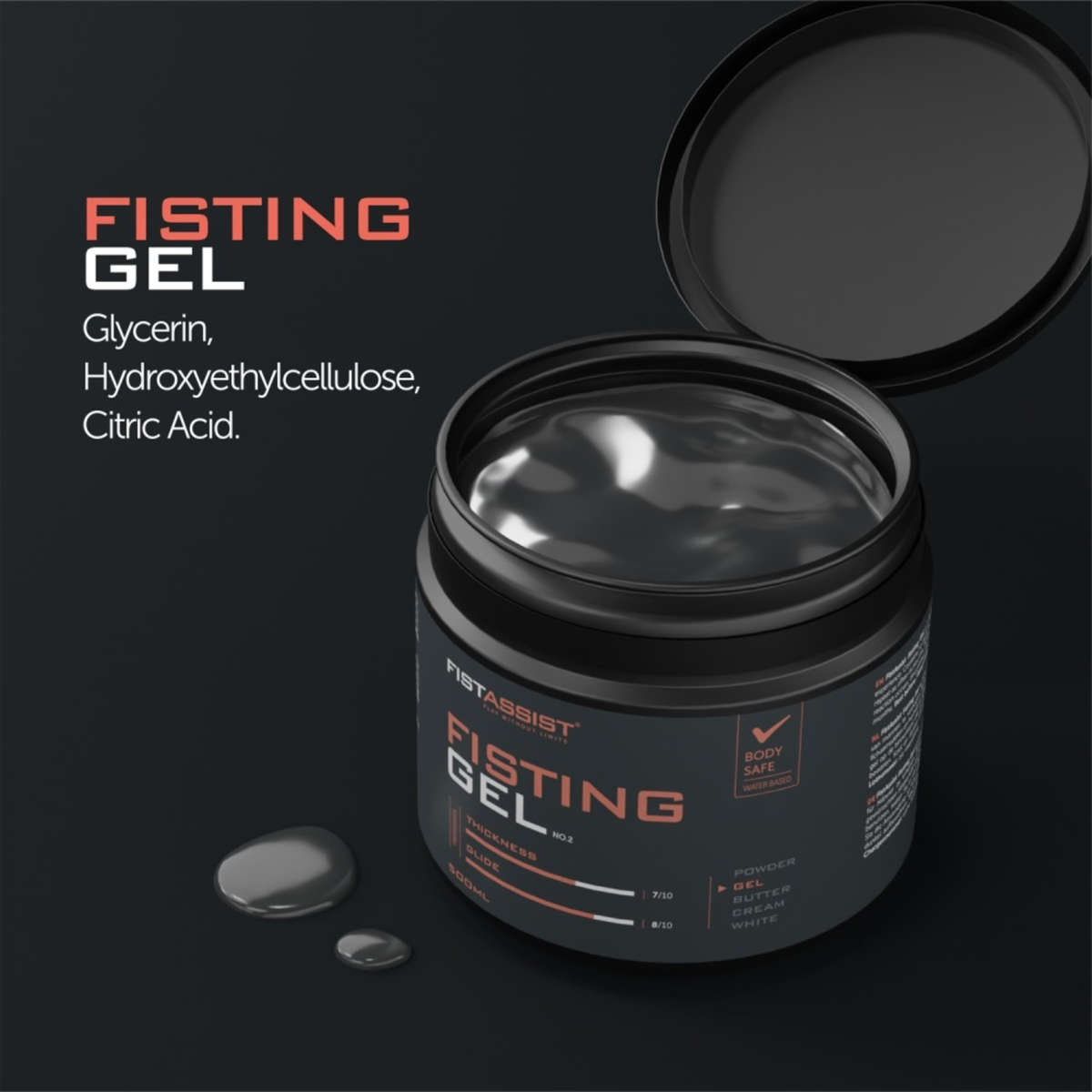 High-angle shot of an open 500 ml dark gray tub of FistAssist Fisting Gel No. 2 with the lid flipped back, displaying the clear gel inside alongside ingredient text and product property ratings.
