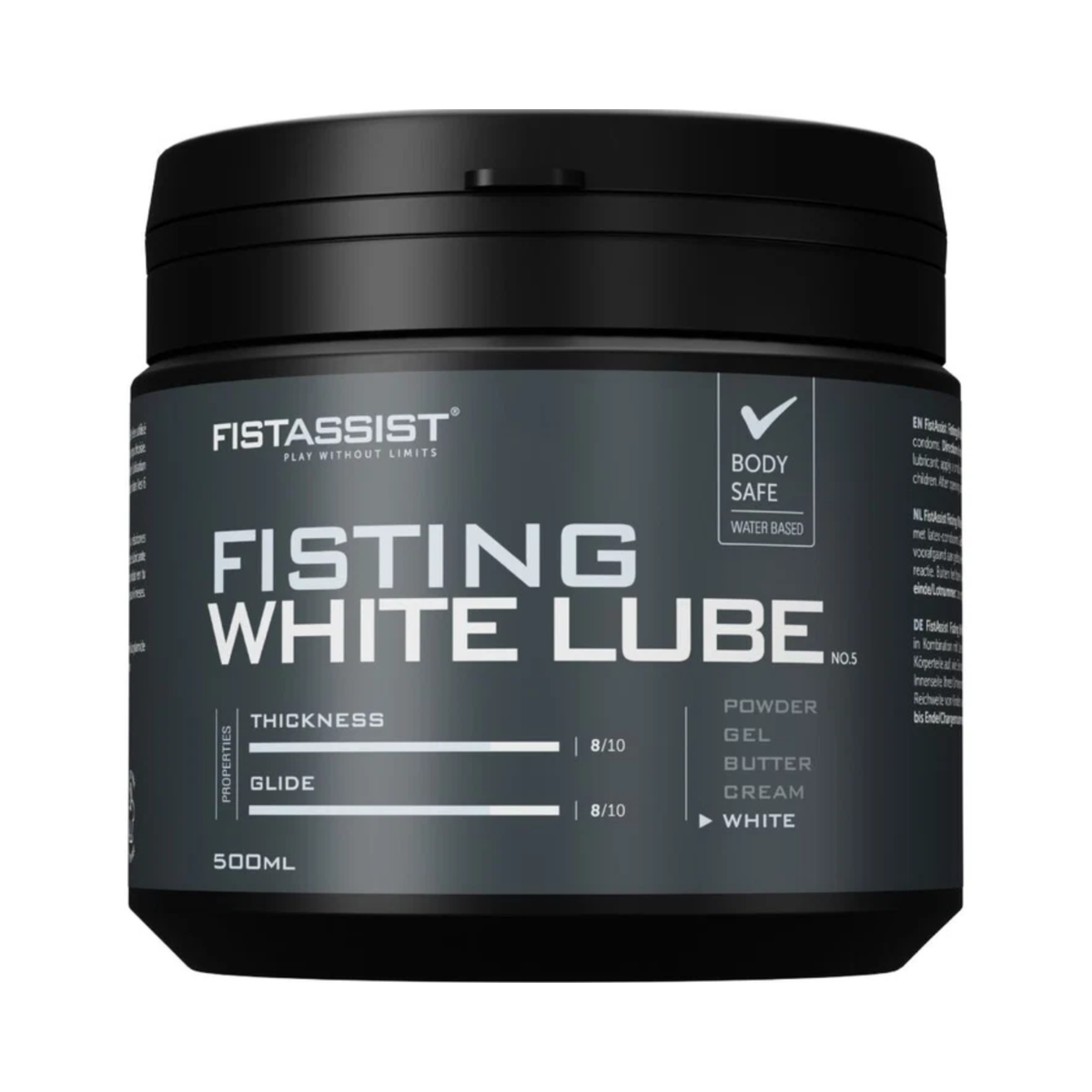 Front studio shot of the 500 ml FistAssist Fisting White Lube No. 5 tub against a dark background, featuring light blue and white text detailing equal 8/10 ratings for both thickness and glide. Hauptbild