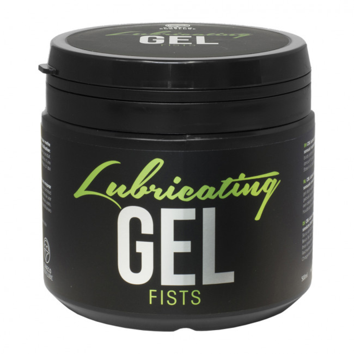 Studio product shot of a black 500 ml / 17 fl oz tub of Cobeco Lubricating Gel Fists against a white background, featuring green script lettering for "Lubricating" above bold white text for "GEL" and green text for "FISTS". Hauptbild