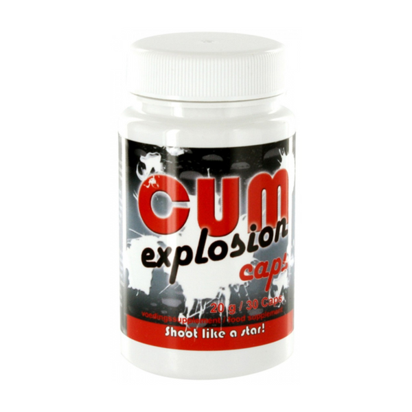 White plastic bottle of Cum Explosion Caps food supplement, 20g / 30 caps, with 'Shoot like a star!' text.