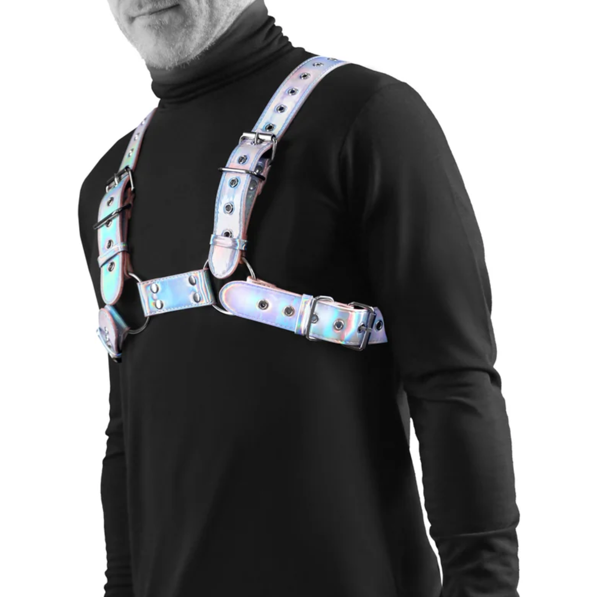 Three-quarter angled studio view displaying the side and front details of the iridescent holographic chest harness with metal eyelets and buckles.
