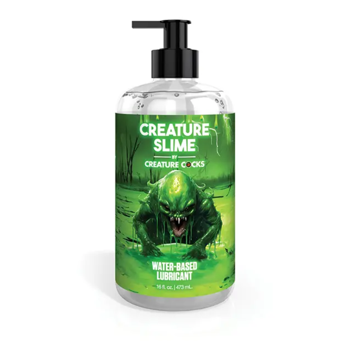 Front studio view of the 16 fl oz (473 ml) clear pump bottle of Creature Cocks Creature Slime Water-Based Lubricant, featuring swamp monster artwork on a green label. Hauptbild