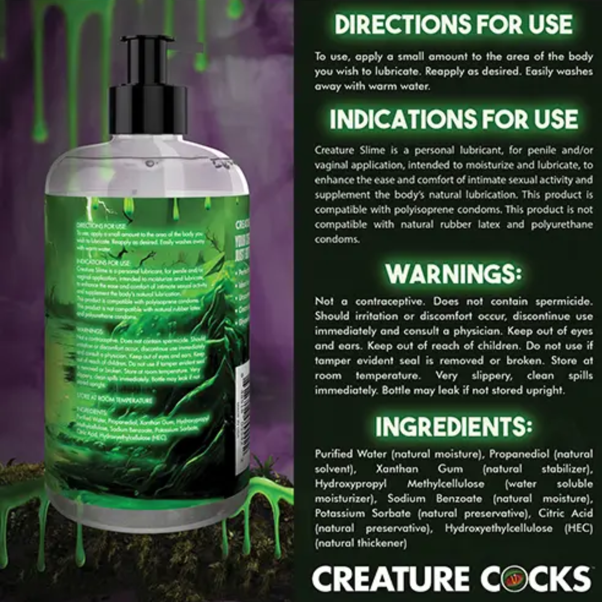 Back label packaging graphic displaying usage directions, condom compatibility indications, warnings, and full ingredients list alongside a 16 fl oz pump bottle.