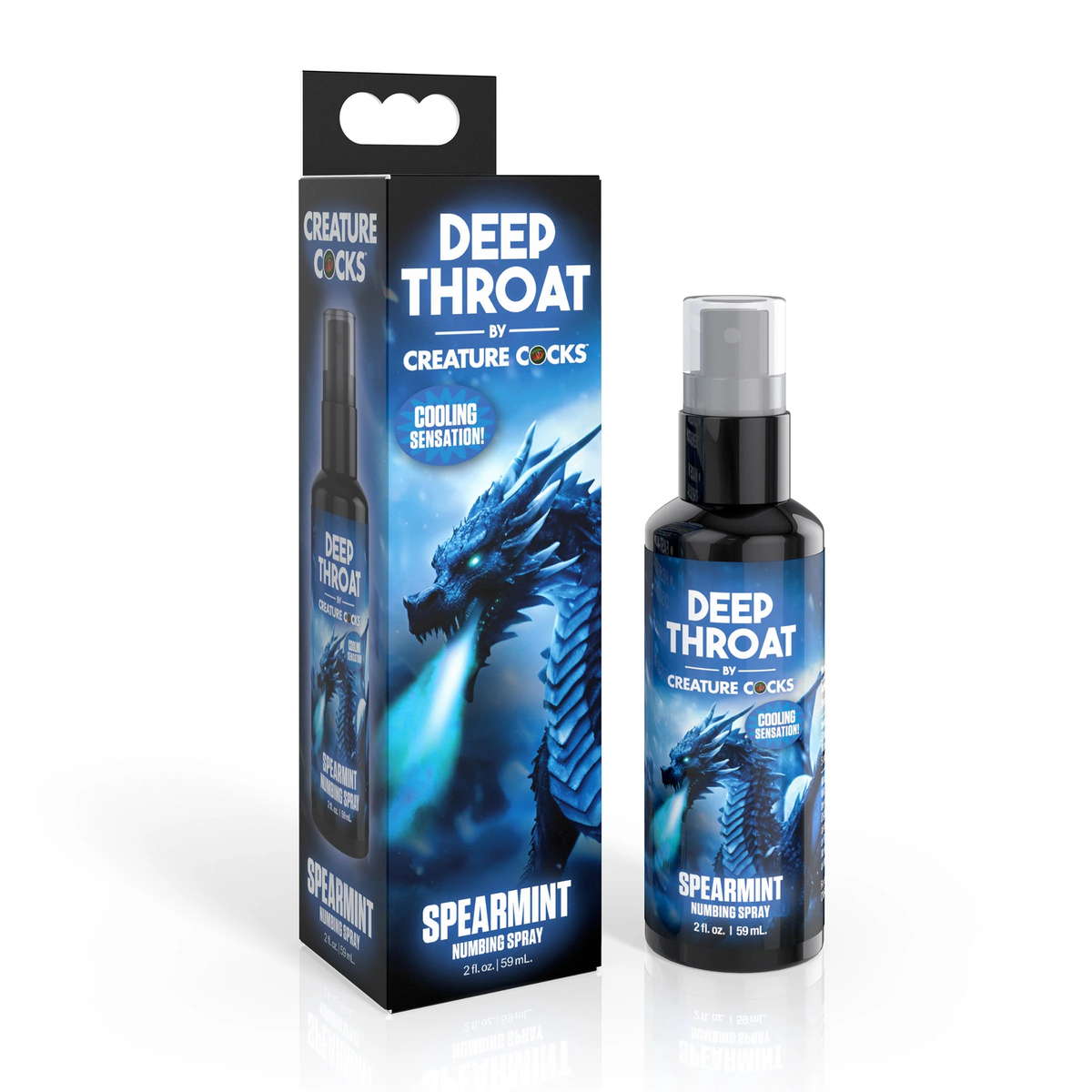Studio product shot featuring the 2 fl oz (59 ml) black spray bottle of Spearmint Numbing Spray next to its retail box, both decorated with blue ice-dragon artwork and a "Cooling Sensation!" badge. Hauptbild