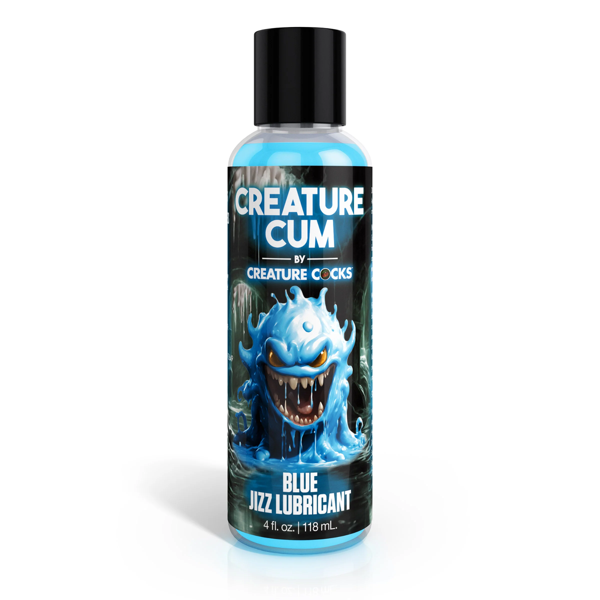 Front studio view of the 4 fl oz (118 ml) clear squeeze bottle of Creature Cum Blue Water-Based Jizz Lubricant, featuring a blue slime monster illustration and a black cap. Hauptbild