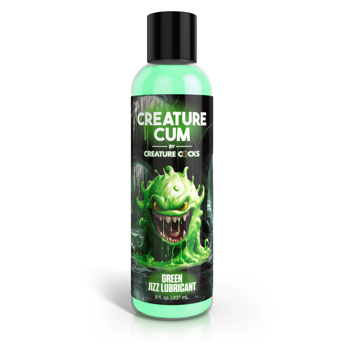 Front studio view of the 8 fl oz (237 ml) clear squeeze bottle of Creature Cum Green Water-Based Jizz Lubricant, featuring a green slime monster illustration and a black cap. Hauptbild