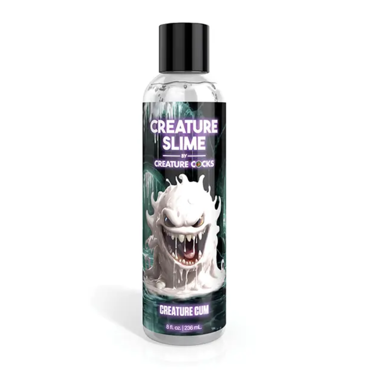 Front studio view of the 8 fl oz (236 ml) clear squeeze bottle of Creature Slime Creature Cum Unscented Jizz Lubricant, featuring a white slime monster illustration on a dark label with a black cap. Hauptbild