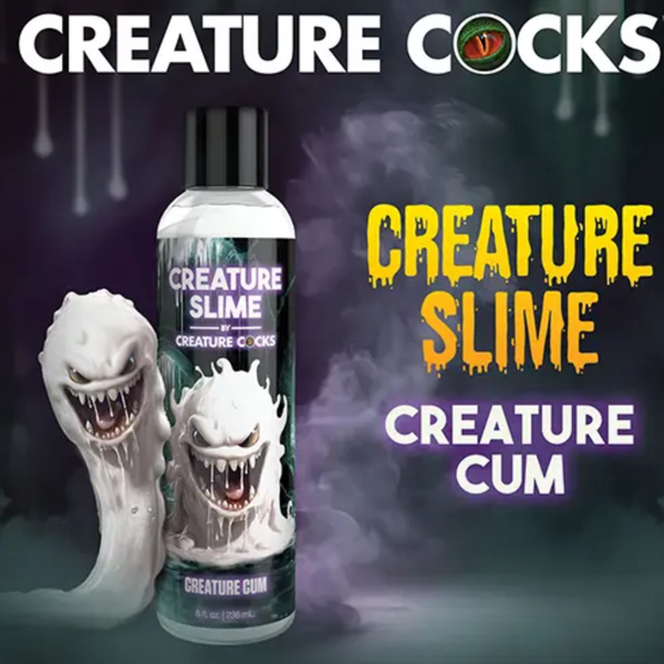 Promotional graphic titled "Creature Slime - Creature Cum" displaying the 8 fl oz bottle alongside animated white monster artwork against a dark, smoky backdrop.