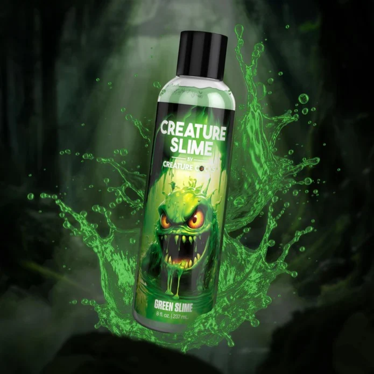 Promotional action graphic displaying the 8 fl oz bottle centered within a splash of bright green liquid against a dark forest background.