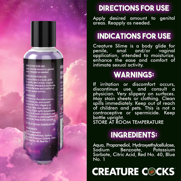 Back label packaging graphic displaying directions for use, indications, warnings, and full ingredients list (including Red No. 40 and Blue No. 1) alongside a bottle of Purple Slime Lubricant.