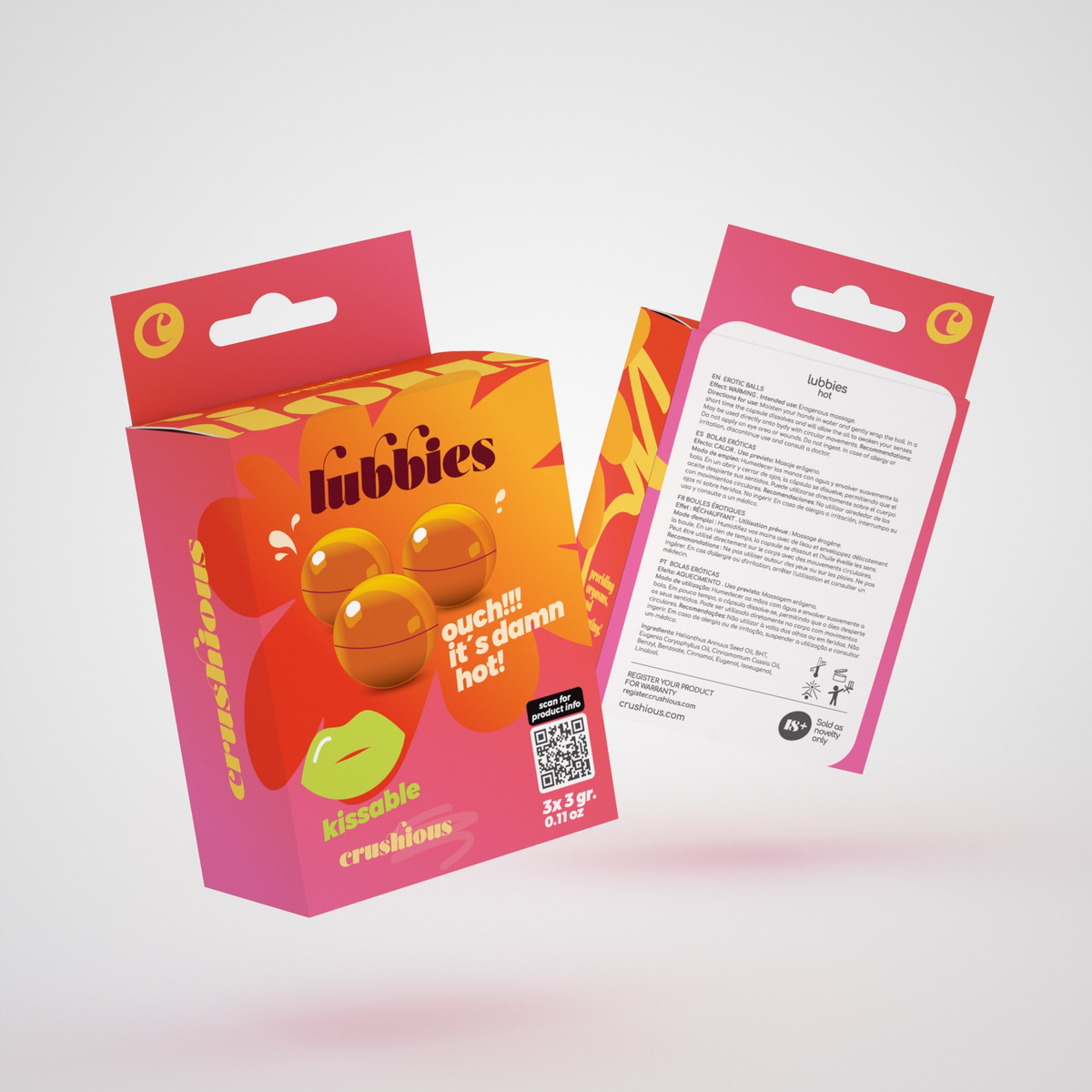 Product packaging shot showing the front and back of the bright pink and orange Crushious Lubbies Hot Oil Balls box containing three 3 g bath/massage spheres, featuring multi-language instructions and ingredient information on the reverse side. Hauptbild