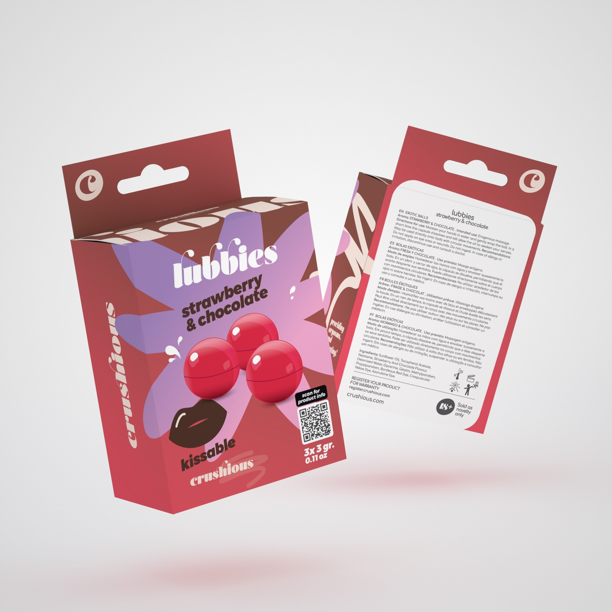 Product packaging shot showing the front and back of the pink and brown Crushious Lubbies Strawberry & Chocolate Oil Balls box containing three 3 g bath/massage spheres, featuring multi-language instructions and ingredient information on the reverse side. Hauptbild