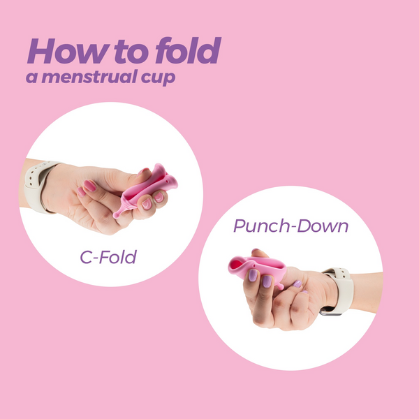 Infographic showing two methods to fold a menstrual cup: the C-Fold and the Punch-Down fold.