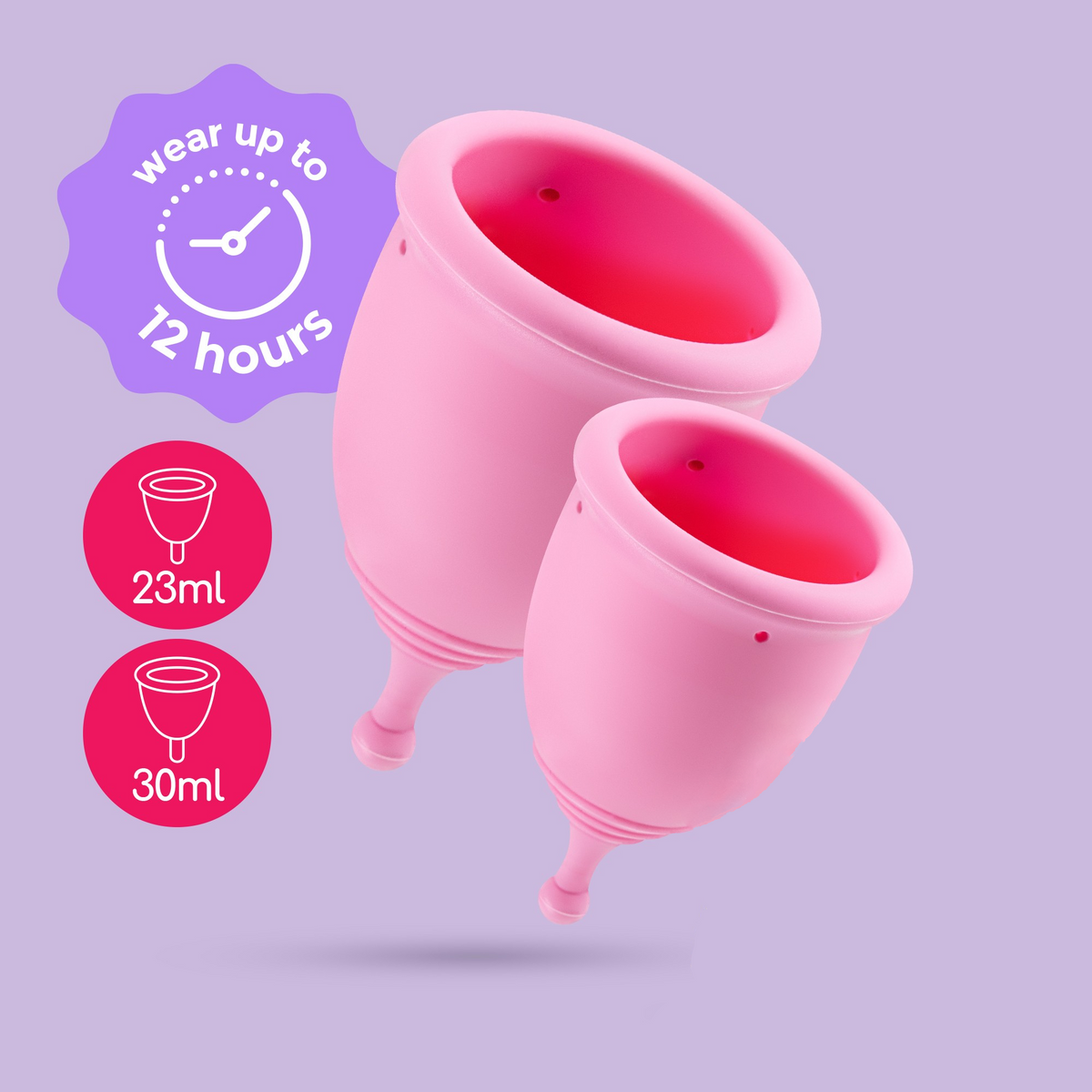 Two pink Crushious Minerva Reusable Menstrual Cups(23ml and 30ml) with text "wear up to 12 hours." Hauptbild