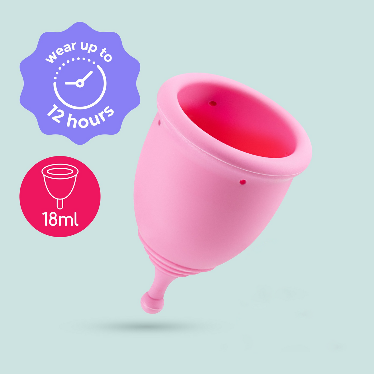 Crushious Minerva XS Menstrual Cup in pink, showing key features: 12 hours wear and 18ml capacity graphics. Hauptbild
