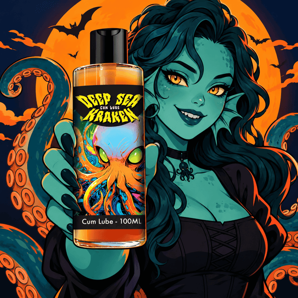 Teal sea-creature woman with tentacles holds an orange bottle of “Deep Sea Kraken” lube.