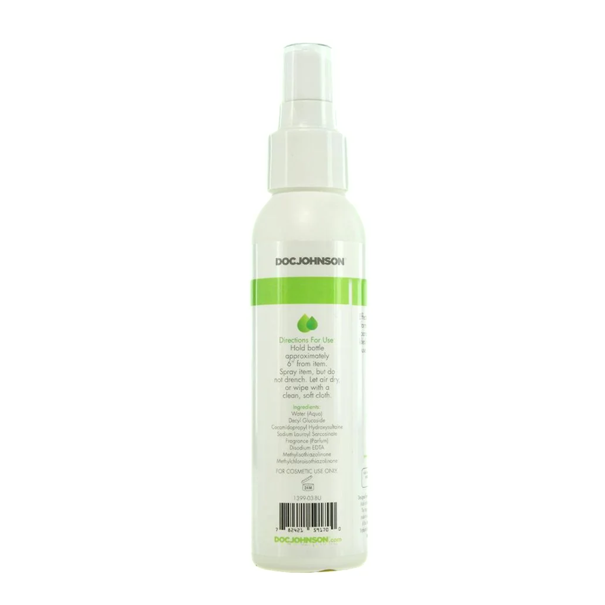 Back packaging label view of the Doc Johnson Natural Toy Cleaner spray bottle, detailing usage directions, ingredients, triclosan-free claim, and a barcode.
