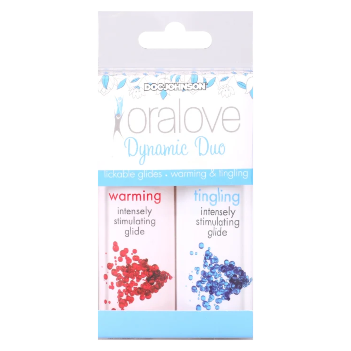 Front packaging view of the Doc Johnson Oralove Dynamic Duo set, showing the clear hanging display box showcasing both the Warming (red accent) and Tingling (blue accent) 1 oz bottles Hauptbild