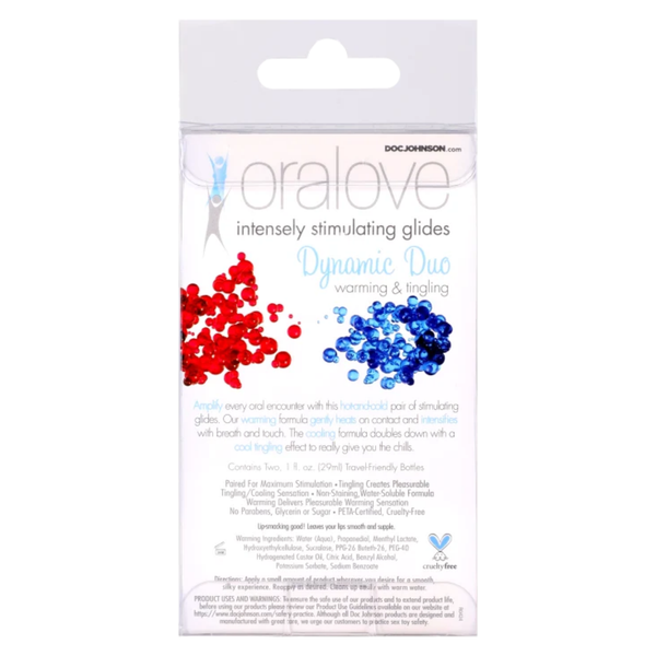 Back of the retail packaging card displaying product descriptions for both hot and cold stimulating glides, feature highlights, ingredients, directions, and PETA-certified cruelty-free branding.