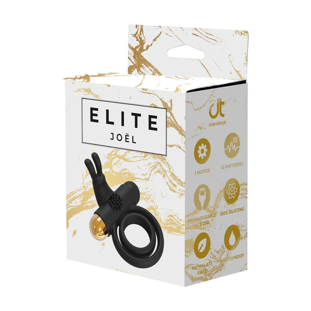 Product packaging for the Elite Joel vibrating ring, featuring a black and gold design and product specs. Hauptbild