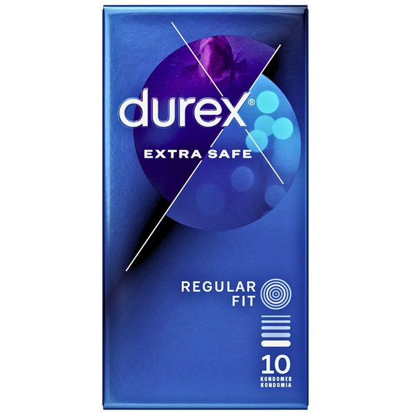 The front of a blue Durex Extra Safe condom box. It features a circular graphic of purple and blue light bokeh at the top. Text indicates "Regular Fit" and contains 10 condoms.